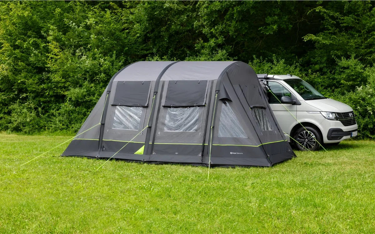 BERGER Morena Air Busvorzelt | Camping Autozelt mit Stehhöhe | Wohnmobil Vorzelt für zusätzlichen Wohnraum, aufblasbar mit eingenähtem Boden | Rahmenlose Konstruktion, Anbauhöhe 180–220 cm