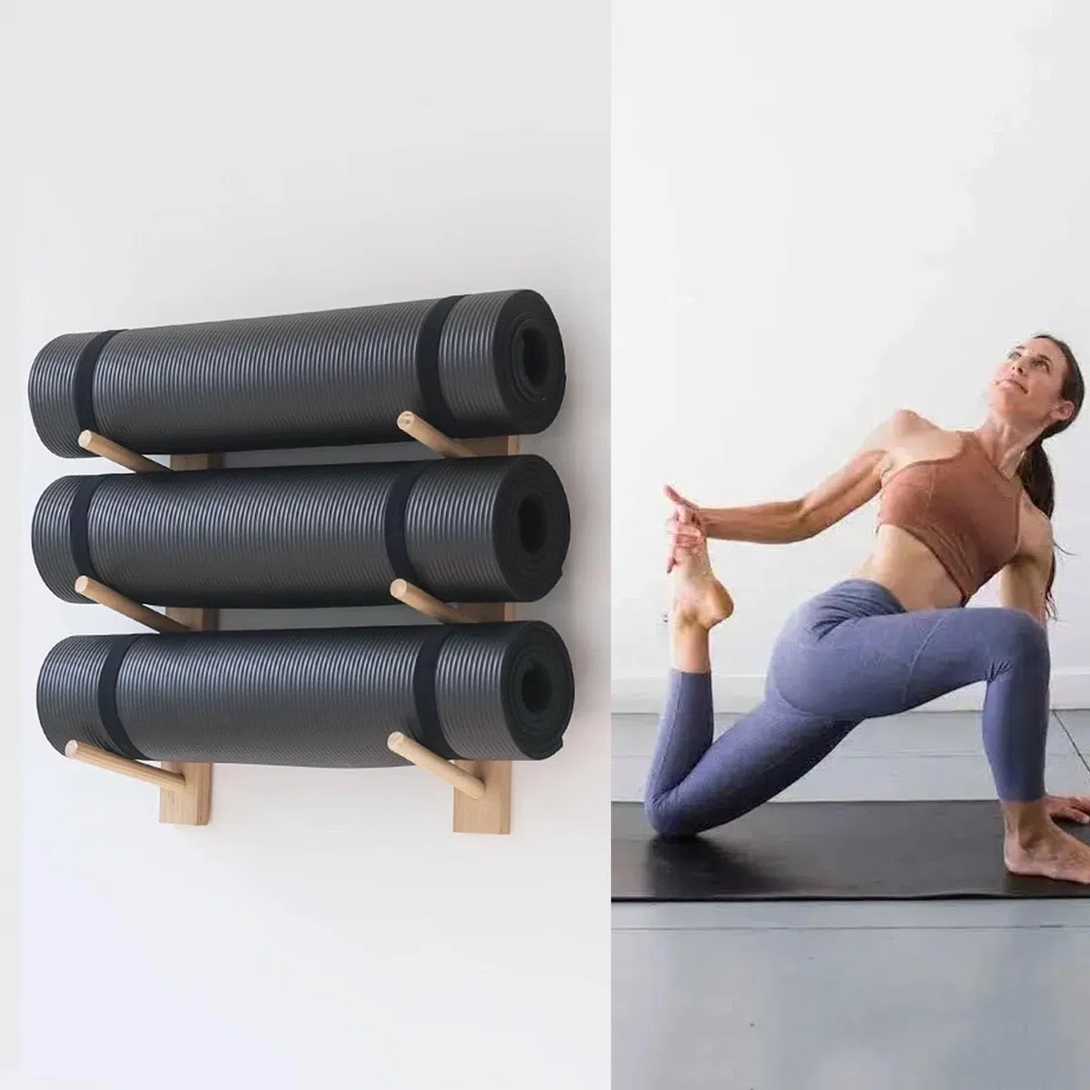 Wandmontierter Yogamattenhalter – Platzsparende Aufbewahrung für Trainingsgeräte mit mehrstufiger Schaumstoffrollenablage und Mattenhalter aus Holz für die optimale Organisation Ihres Heim-F