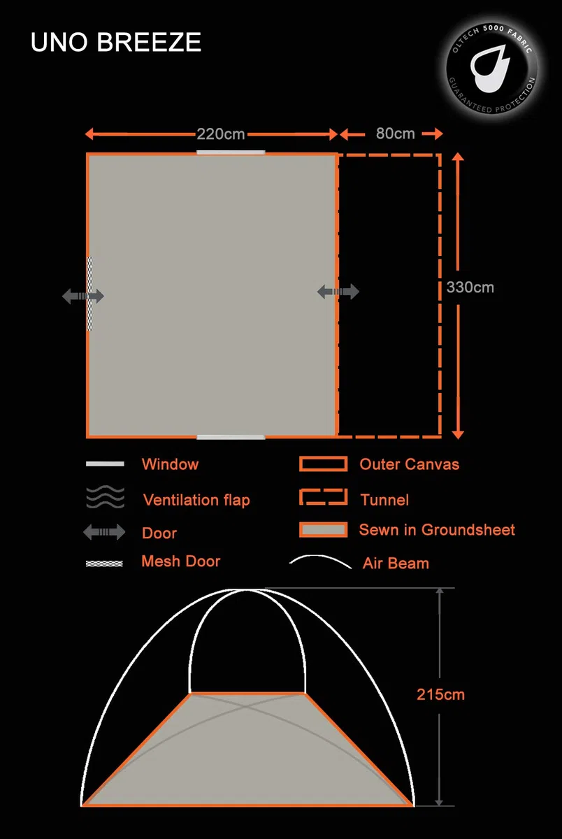 OLPRO Uno Breeze Aufblasbares Vorzelt für Wohnmobile, 3,3 m x 2,2 m, Blau und Grau, eingenähte Bodenplane, freistehend, Zelt, Luftstrahl, für Fahrzeuge mit einer Höhe von 190 cm - 250 cm