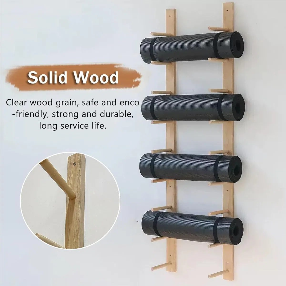 Wandmontierter Yogamattenhalter – Platzsparende Aufbewahrung für Trainingsgeräte mit mehrstufiger Schaumstoffrollenablage und Mattenhalter aus Holz für die optimale Organisation Ihres Heim-F
