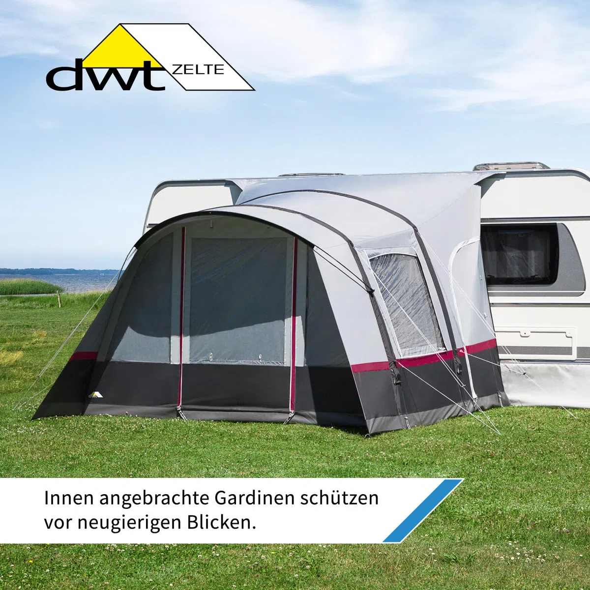 DWT aufblasbares Vorzelt Wohnwagen, Bella Air HQ, 340x280+80cm, leichtes Tunnelzelt mit Luftkammern inkl. Luftpumpe und Abspannmaterial