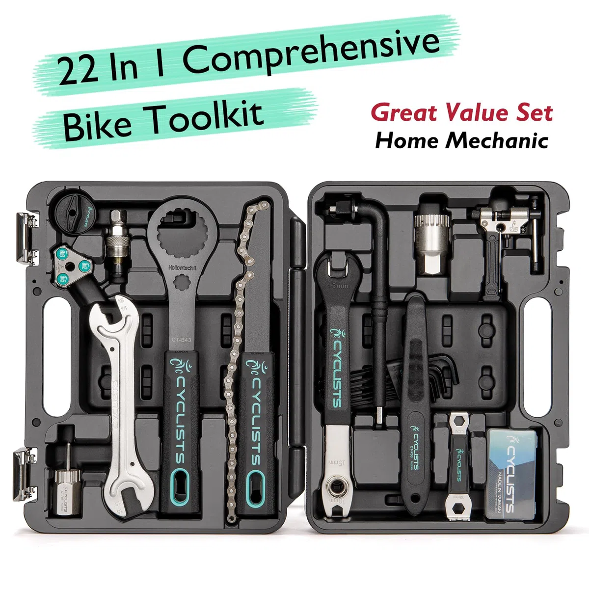 Fahrrad-Werkzeug-Set mit Aufbewahrungskoffer, 22-teiliges Fahrrad-Reparaturwerkzeug-Set, tragbare Werkzeugbox, Fahrradwartungswerkzeuge für Rennräder und Mountainbikes